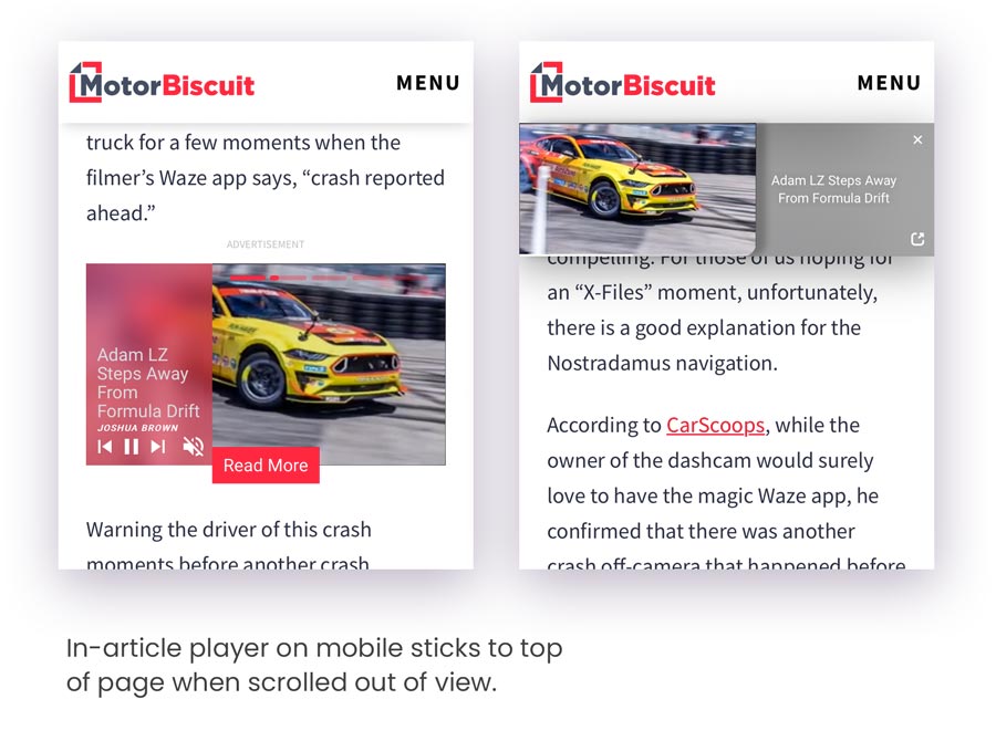 MotorBiscuit in-article and sticky mobile player